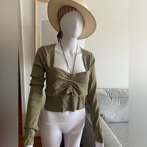 Mango Green Halter Knit Cropped Bohemian Ruched Sweater Size Xl